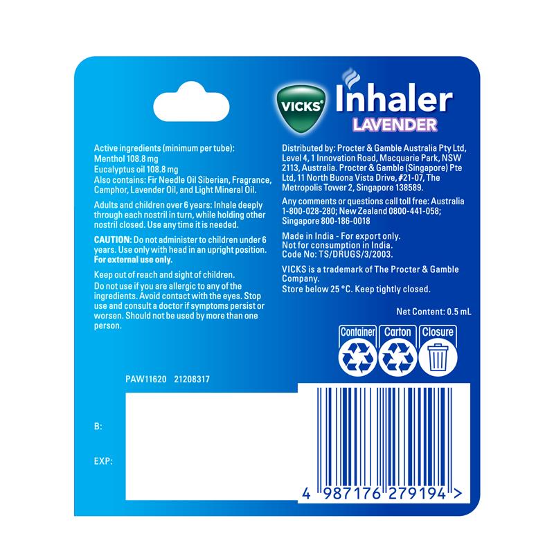 Vicks Inhaler Lavender Nasal Decongestant 0.5ml