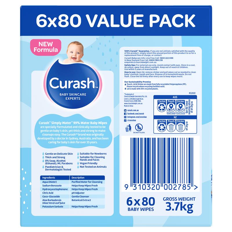 Curash Simply Water Wipes 6 x 80 Pack