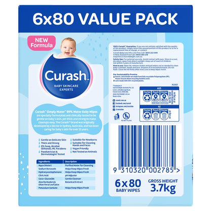 Curash Simply Water Wipes 6 x 80 Pack