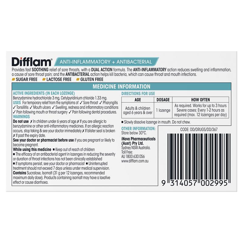 Difflam Sore Throat Sugar Free Honey And Lemon 16 Lozenges