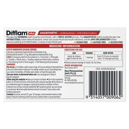 Difflam Plus Anaesthetic Sugar Free Honey And Lemon 16 Lozenges