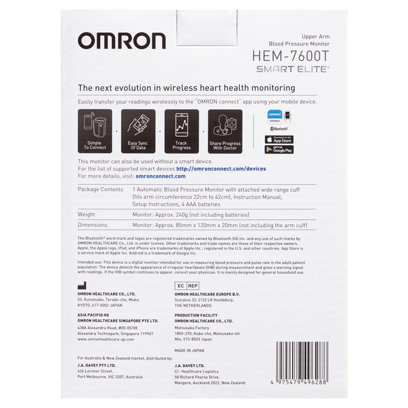 Omron Smart Elite HEM7600T Blood Pressure Monitor Bluetooth Tubeless