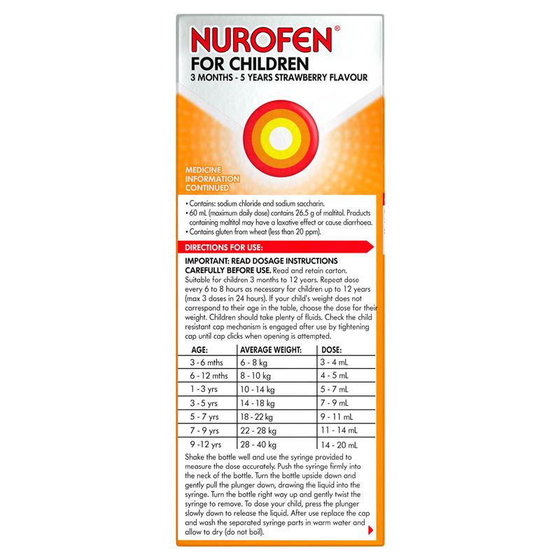 Nurofen For Children 3 months - 5 years Pain and Fever Relief 100mg/5mL Ibuprofen Strawberry 200mL
