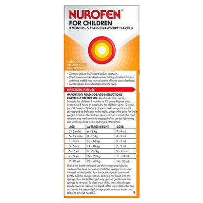 Nurofen For Children 3 months - 5 years Pain and Fever Relief 100mg/5mL Ibuprofen Strawberry 200mL