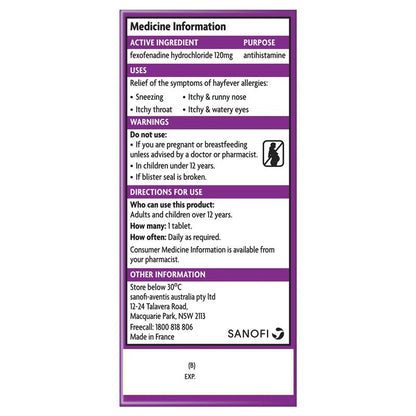 Telfast Hayfever Allergy Relief 120mg Antihistamine Tablets Non-Drowsy - 10 Pack - GimmeNow