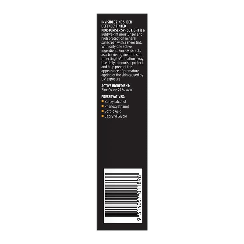 Invisible Zinc SPF 50+ Sheer Defence Tinted Moisturiser Light 50g