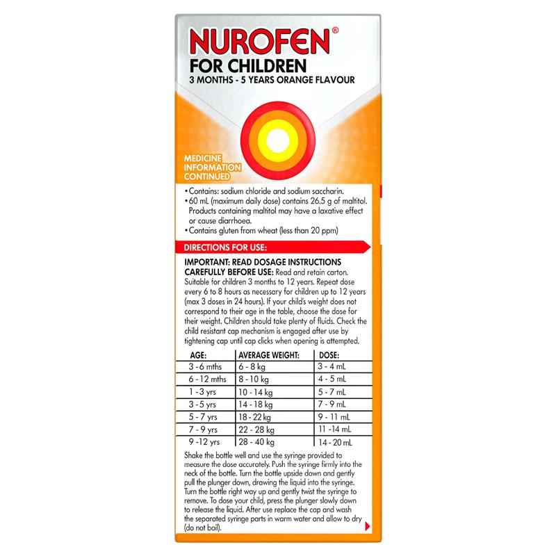 Nurofen For Children 3 months - 5 years Pain and Fever Relief 100mg/5mL Ibuprofen Orange 200mL