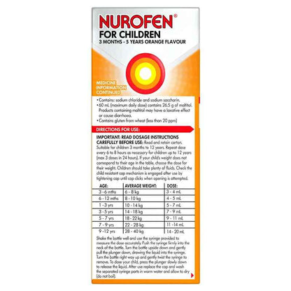 Nurofen For Children 3 months - 5 years Pain and Fever Relief 100mg/5mL Ibuprofen Orange 200mL