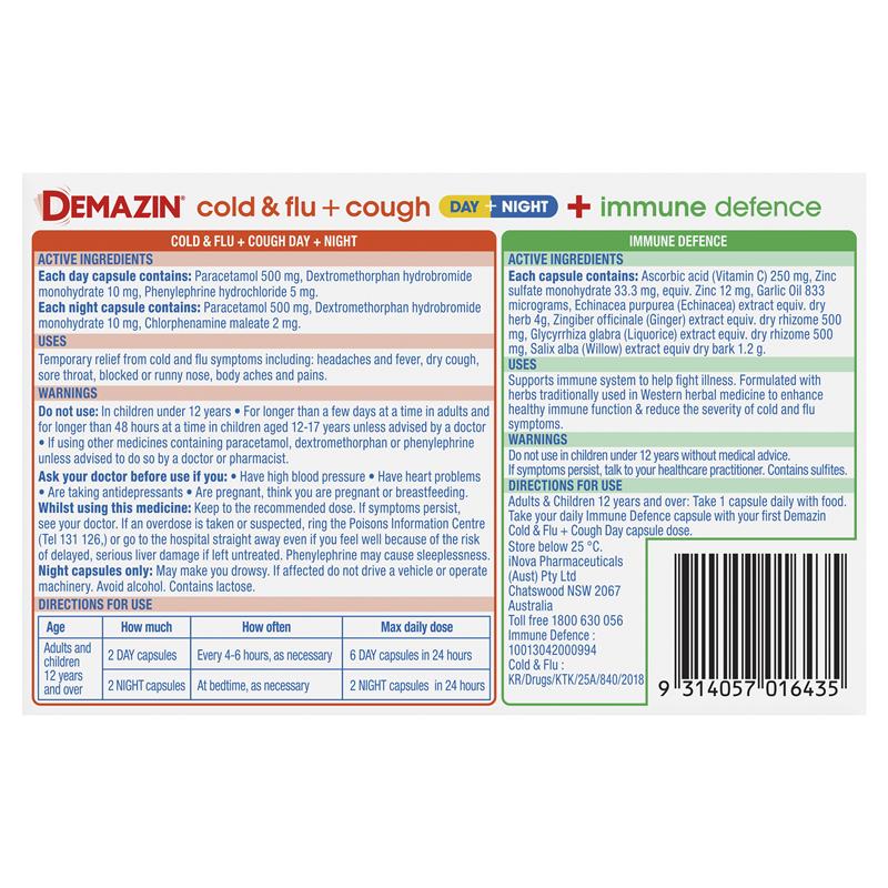 Demazin Ultra Cough Cold & Flu + Immune Defence 34 Capsules