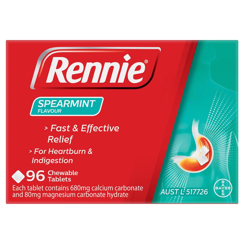 Rennie Indigestion and Heartburn Relief Spearmint 96 Chewable Tablets
