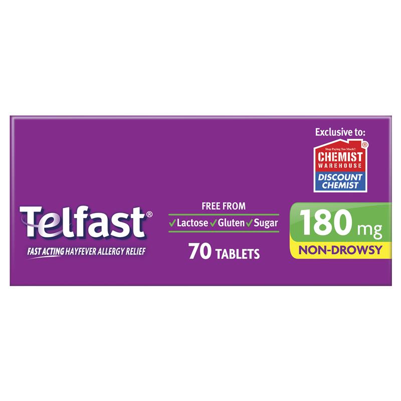 Telfast Hayfever Allergy Relief 180mg Antihistamine Tablets Non-Drowsy - 70 Pack