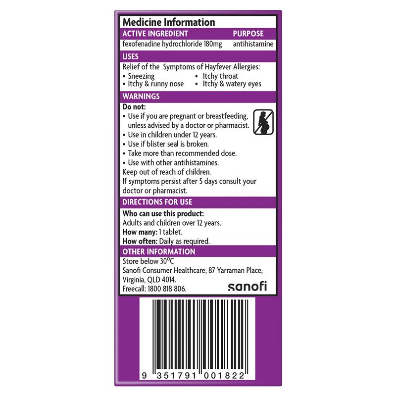 Telfast Hayfever Allergy Relief 180mg Antihistamine Tablets Non-Drowsy - 10 Pack