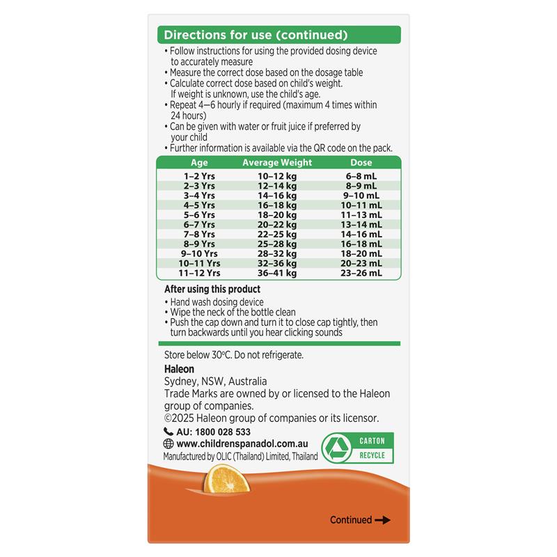 Panadol Children 1-5 Years Suspension Fever & Pain Relief Orange Flavour 200ml