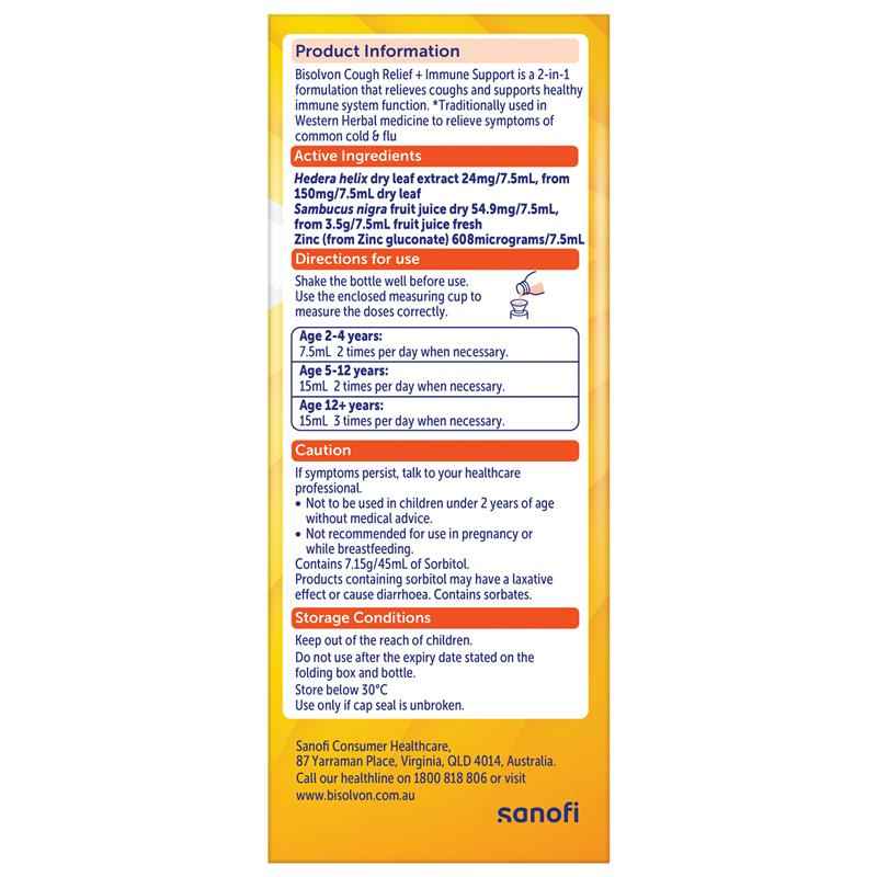 Bisolvon Cough Relief + Immune Support Cough Syrup for Kids + Adults - 200mL