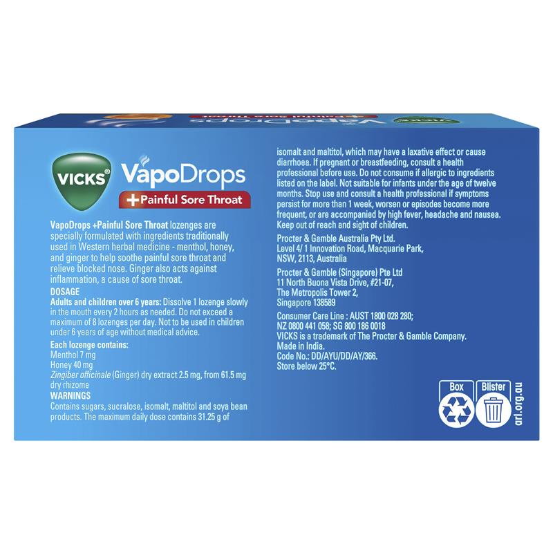 Vicks VapoDrops + Painful Sore Throat Honey 16 Lozenges