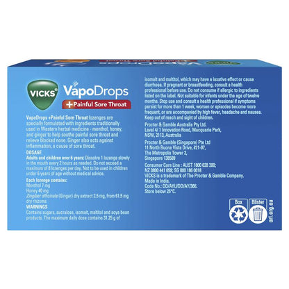 Vicks VapoDrops + Painful Sore Throat Honey 16 Lozenges