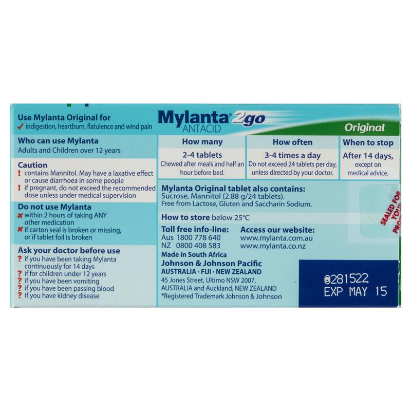 Mylanta 2Go Antacid Original Tablets Lemon Mint 100 Pack