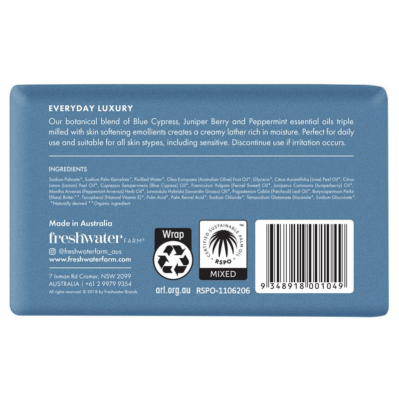 Freshwater Farm Australia Blue Cypress + Juniper Berry Oil Calming Body Bar 200g