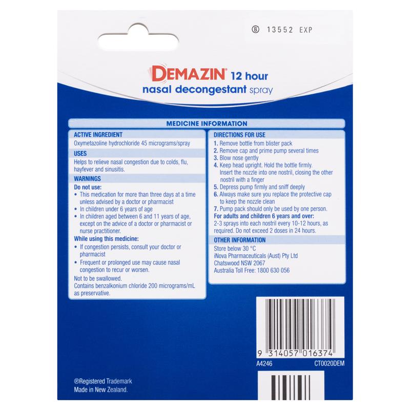 Demazin 12 Hour Relief Decongestant Nasal Spray 2 x 20ml