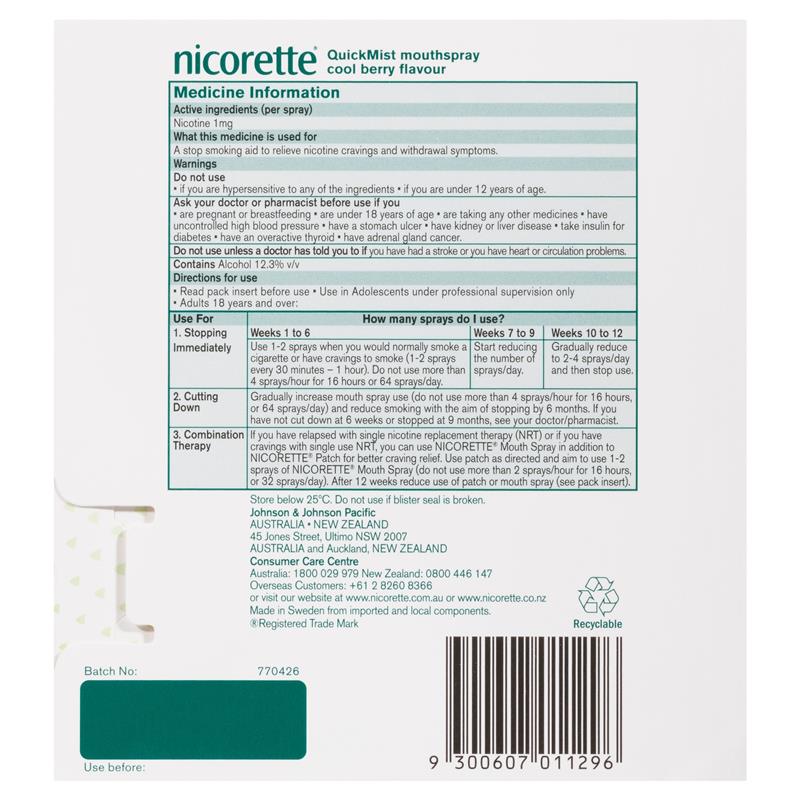 Nicorette Quit Smoking QuickMist Nicotine Mouth Spray Cool Berry 2 x 150 Sprays