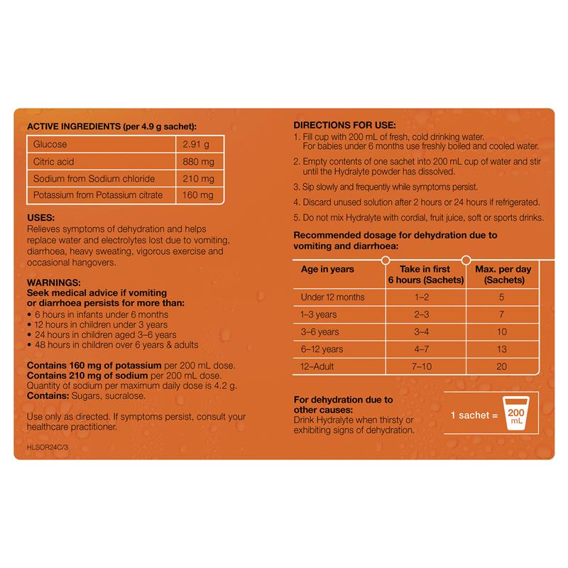 Hydralyte Electrolyte Orange Sachets Value Pack 4.9g x 24