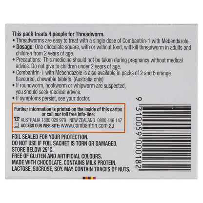 Combantrin -1 Threadworm Chocolate Squares 4 Pack