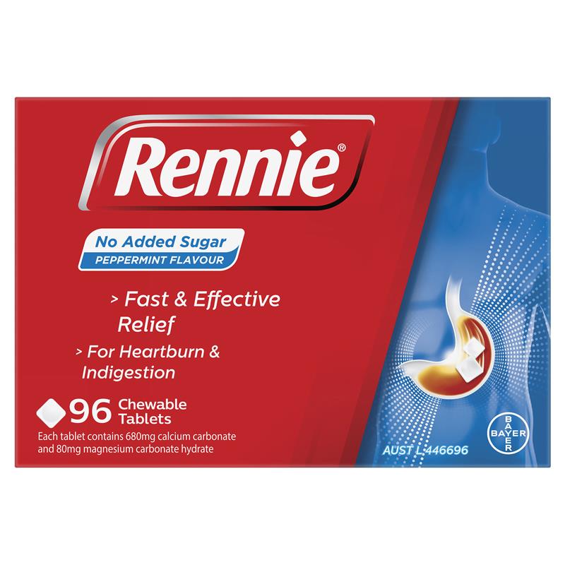 Rennie No Added Sugar Indigestion and Heartburn Relief Peppermint 96 Chewable Tablets