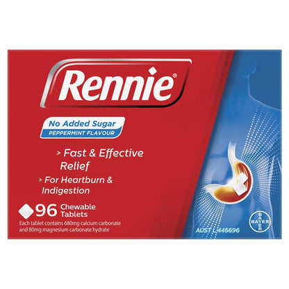 Rennie No Added Sugar Indigestion and Heartburn Relief Peppermint 96 Chewable Tablets
