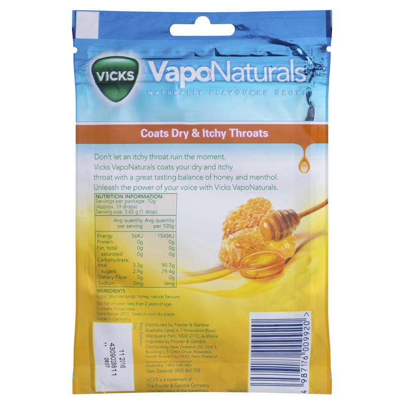 Vicks VapoNaturals Honey Throat Lozenges 19 Drops in Resealable Bag