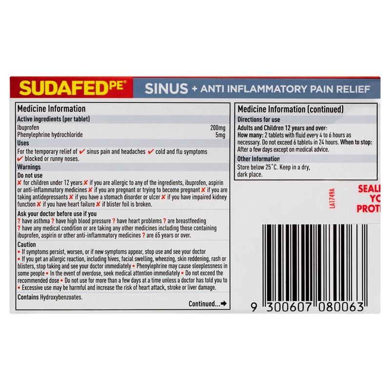 Sudafed PE Sinus + Anti Inflammatory Pain Relief Tablets 48 Pack