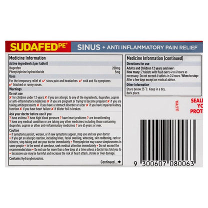 Sudafed PE Sinus + Anti Inflammatory Pain Relief Tablets 48 Pack