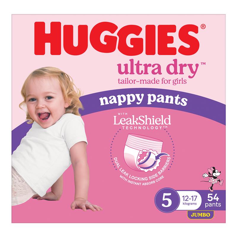 Huggies Ultra Dry Nappy Pants Girls Size 5 (12-17kg) 54 Pack