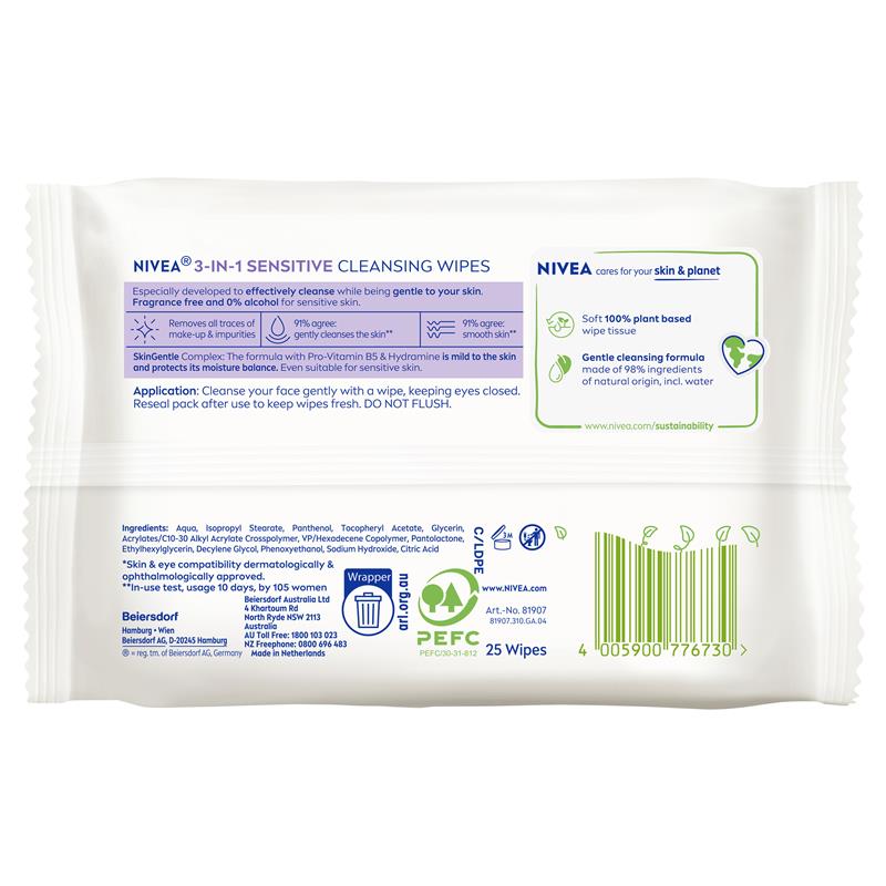 NIVEA 3in1 Sensitive Cleansing Wipes 25 Pack