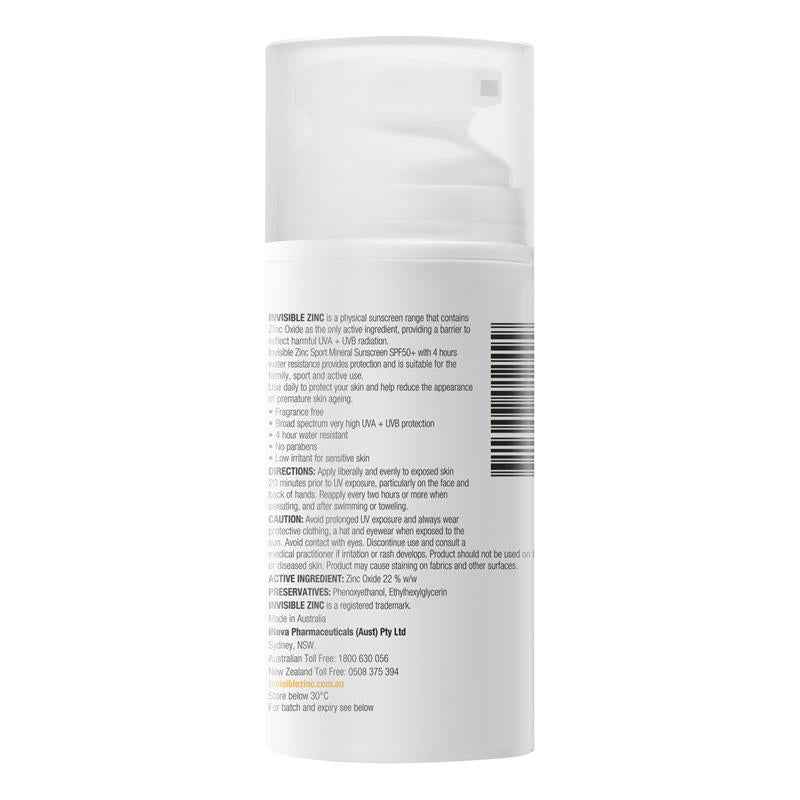 Invisible Zinc SPF 50+ Sport Mineral Sunscreen 4 Hour Water Resistant 100ml