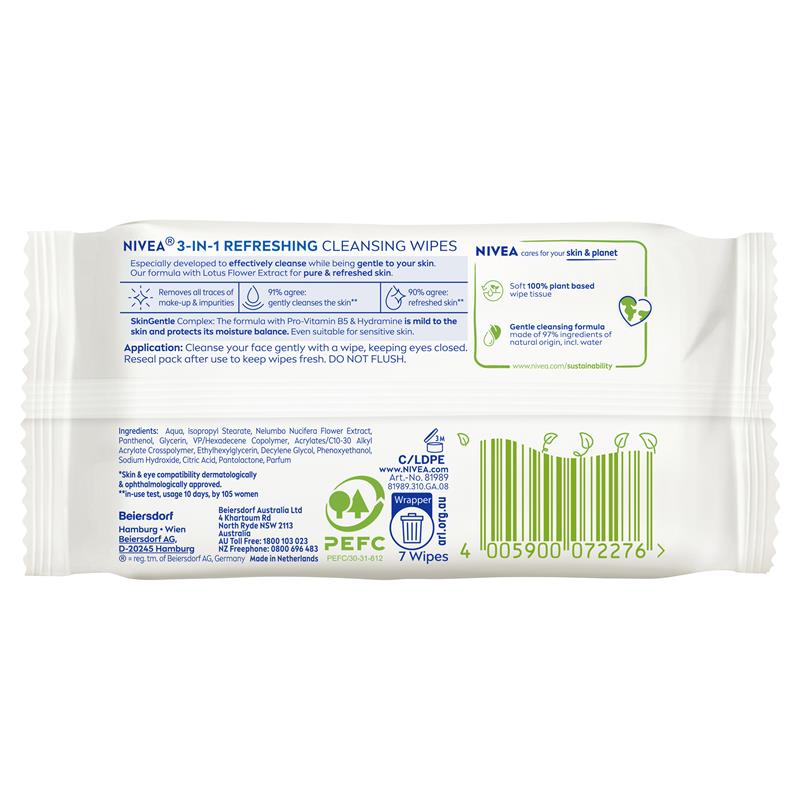 NIVEA 3in1 Refreshing Cleansing Normal & Combination Skin Wipes 7 Pack
