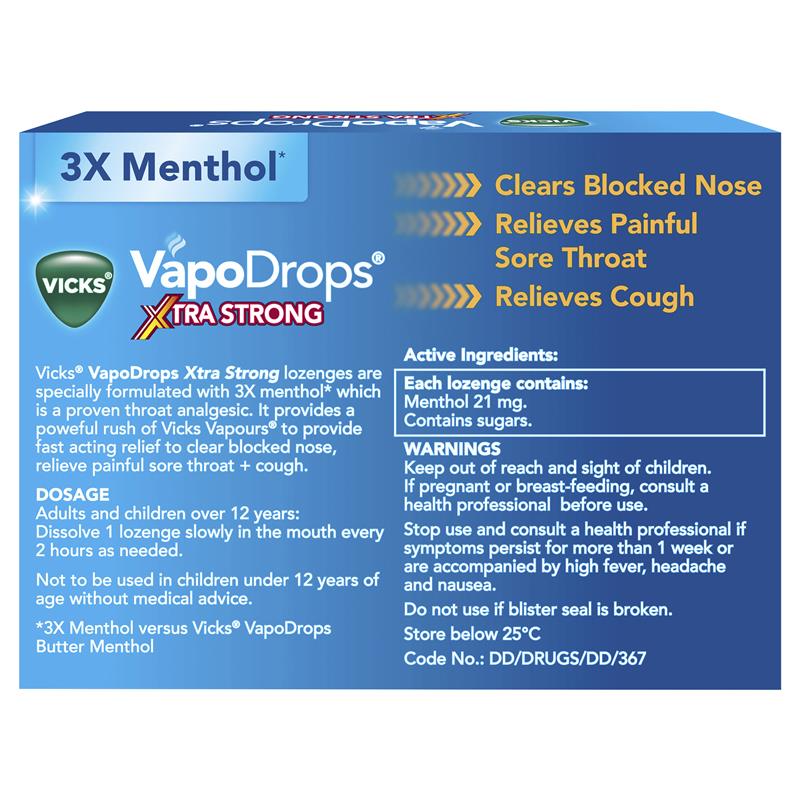 Vicks VapoDrops + Cough Xtra Strong Lemon Menthol Blast 16 Lozenges