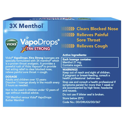 Vicks VapoDrops + Cough Xtra Strong Lemon Menthol Blast 16 Lozenges