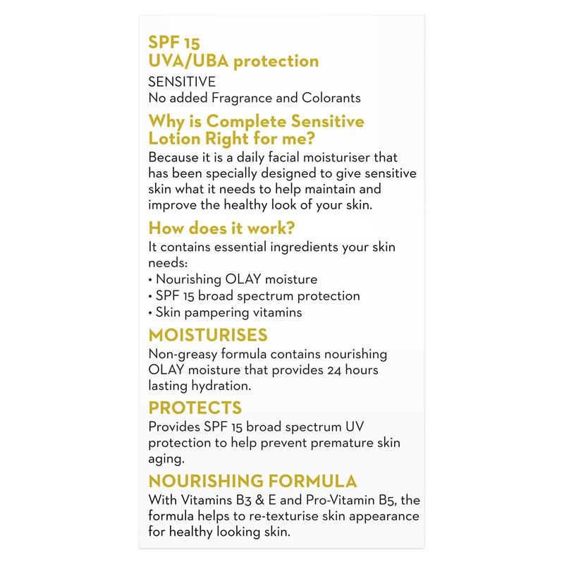 Olay Complete UV Protection Moisturiser Lotion Sensitive SPF15 150mL