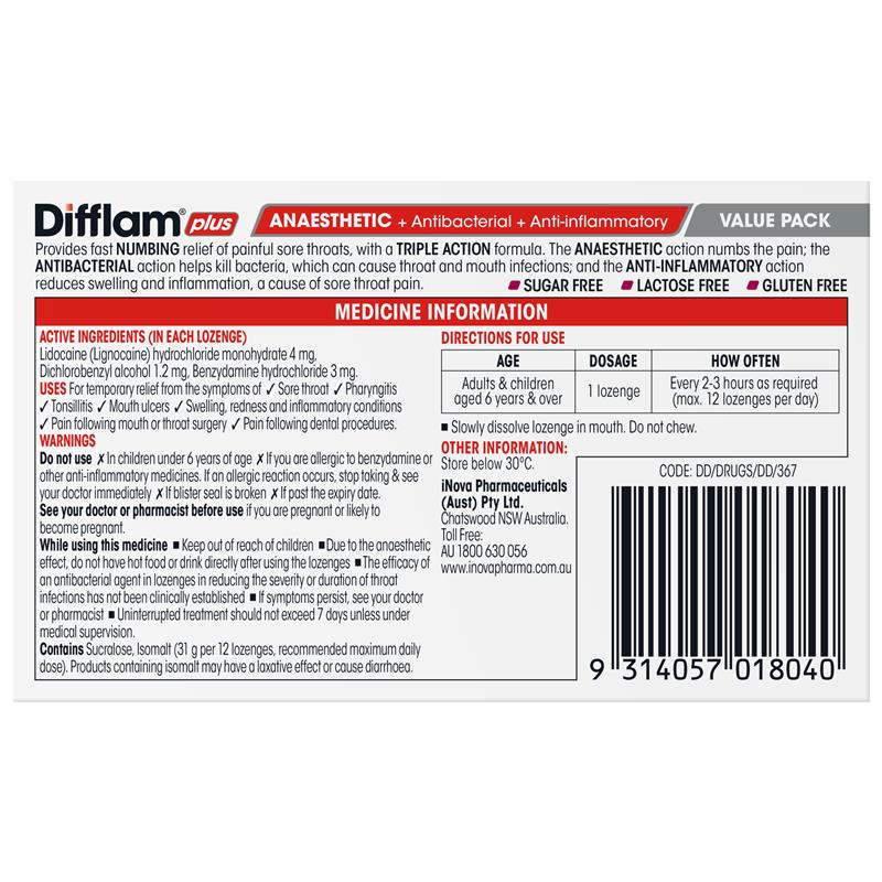 Difflam Plus Anaesthetic Sugar Free Wild Berry 32 Lozenges