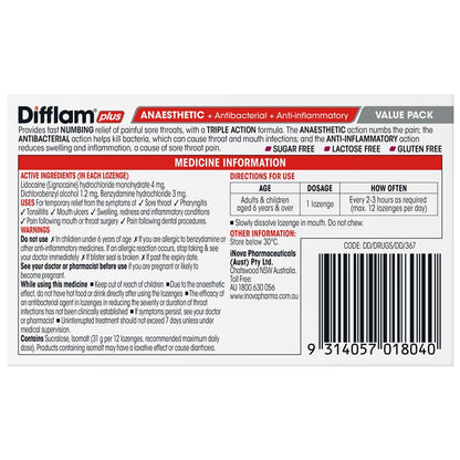 Difflam Plus Anaesthetic Sugar Free Wild Berry 32 Lozenges