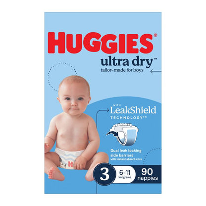 Huggies Ultra Dry Nappies Boys Size 3 (6-11kg) 90 Pack
