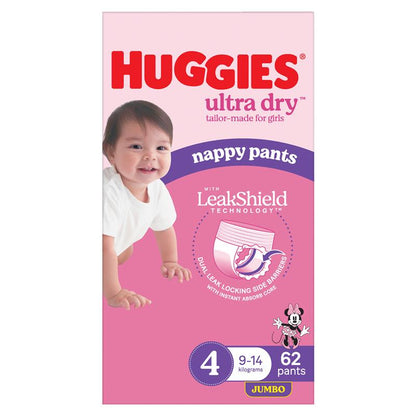 Huggies Ultra Dry Nappy Pants Girls Size 4 (9-14kg) 62 Pack
