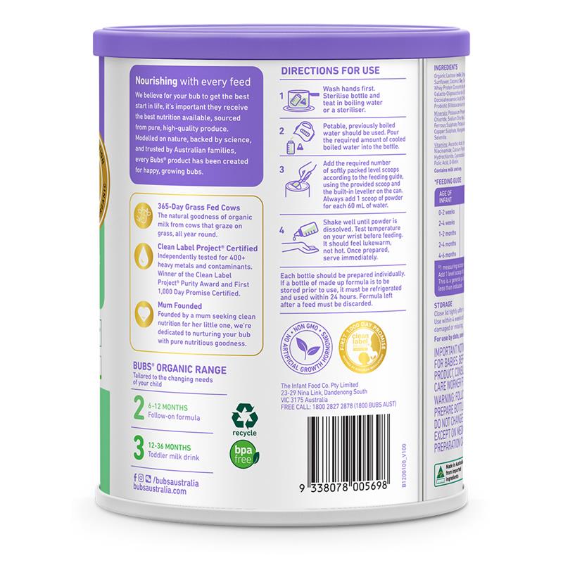 Bubs Organic Grass Fed Stage 1 Infant Milk Formula 800g