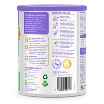 Bubs Organic Grass Fed Stage 1 Infant Milk Formula 800g
