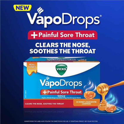 Vicks VapoDrops + Painful Sore Throat Honey 16 Lozenges