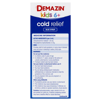 Demazin Kids 6+ Cold Relief Blue Syrup 200ml
