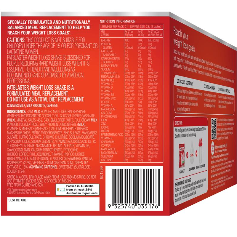 Fatblaster Weight Loss Shake Raspberry 21 x 33g Sachets Exclusive Size