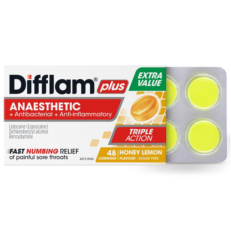 Difflam Sore Throat Sugar Free Honey And Lemon 48 Lozenges