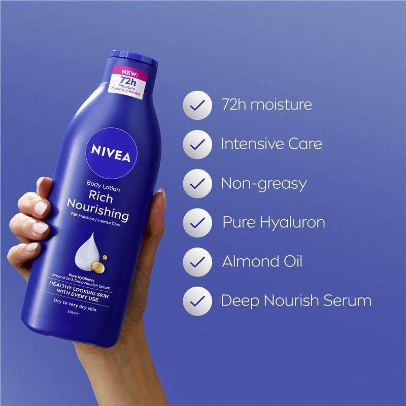 NIVEA Rich Nourishing Body Lotion Moisturiser 72H Hydration 250ml