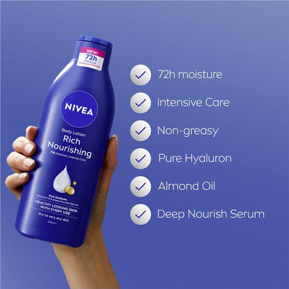 NIVEA Rich Nourishing Body Lotion Moisturiser 72H Hydration 250ml